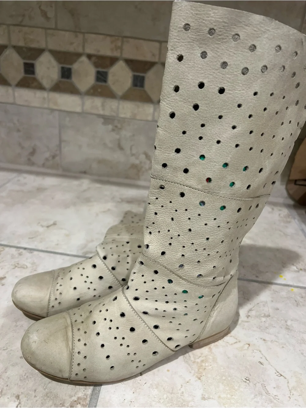 Women’s Cream Perforated Mid-Calf Boots
